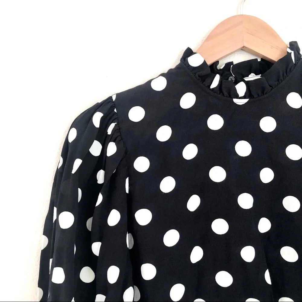 ZARA Smocked Puff Sleeve Polka Dot Mock Neck Blouse in Black
